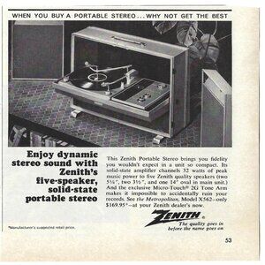 1967 Zenith Portable Solid State Stereo Sound Speaker Vintage Magazine Print Ad